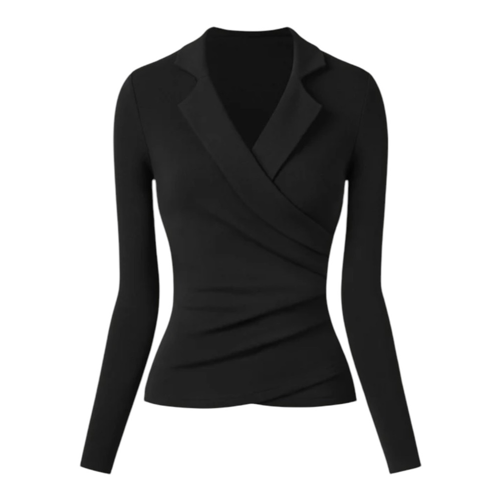 OGL Mid Thermal Black Collared V Neck Surplice Top Long Sleeve Womens Size S